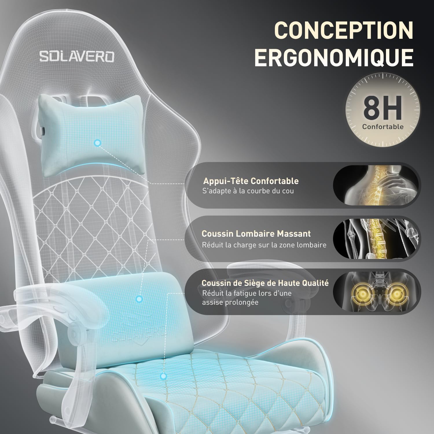 SOLAVERO Chaise Gaming en Tissu Suédine, Fauteuil Gamer Ergonomique avec Support Lombaire Massante, Siège de Bureau avec Repose-Pieds Télescopique, Charge 150kg, Bleu Clair