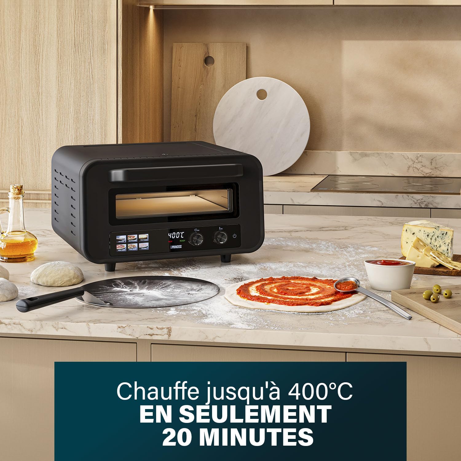 Princess Four à Pizza Pro Max, 15L, 400°C, 2100W, Commandes Tactiles, Pierre et Pelle Incluses, Chaleur Haut/Bas, Minuterie, Compact et Portable, Utilisation Intérieure/Extérieure, 112780