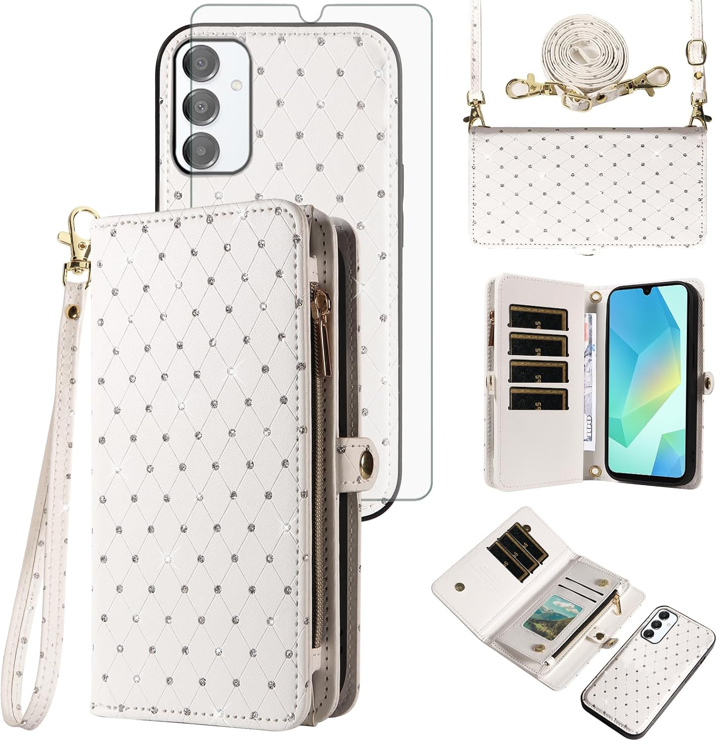 Phone Case for Samsung Galaxy A16 5G/4G Zipper Wallet Detachable Cell Cover Screen Protector Crossbody Lanyard Strap Bling Glitter Flip Card Holder Slot A 16 16A SM-A166U Women Men Girls Yellow