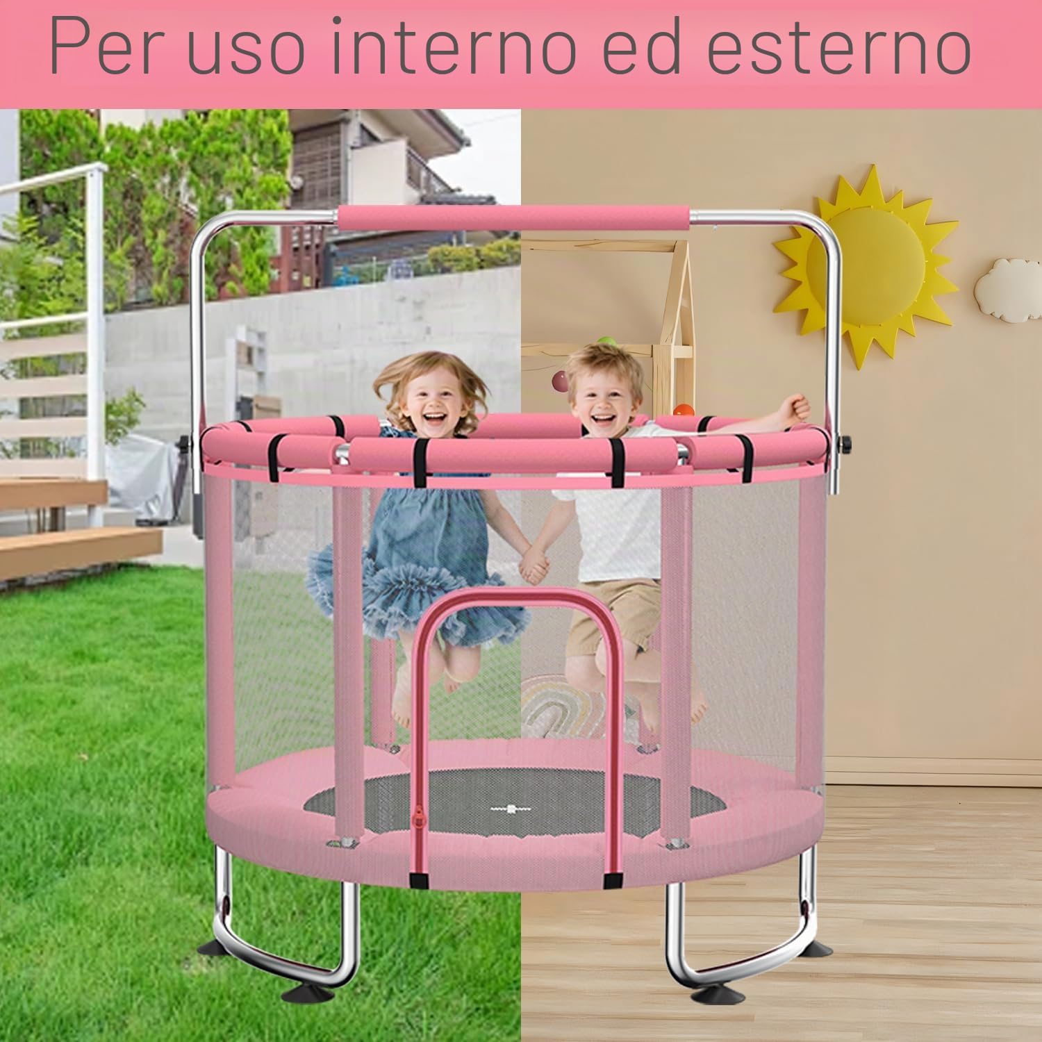 Trampolino per bambini da 140 cm per interni/esterni, capacità di carico 50 kg, con rete di sicurezza, barra da ginnastica regolabile e canestro da basket, regalo per bambini e bambine