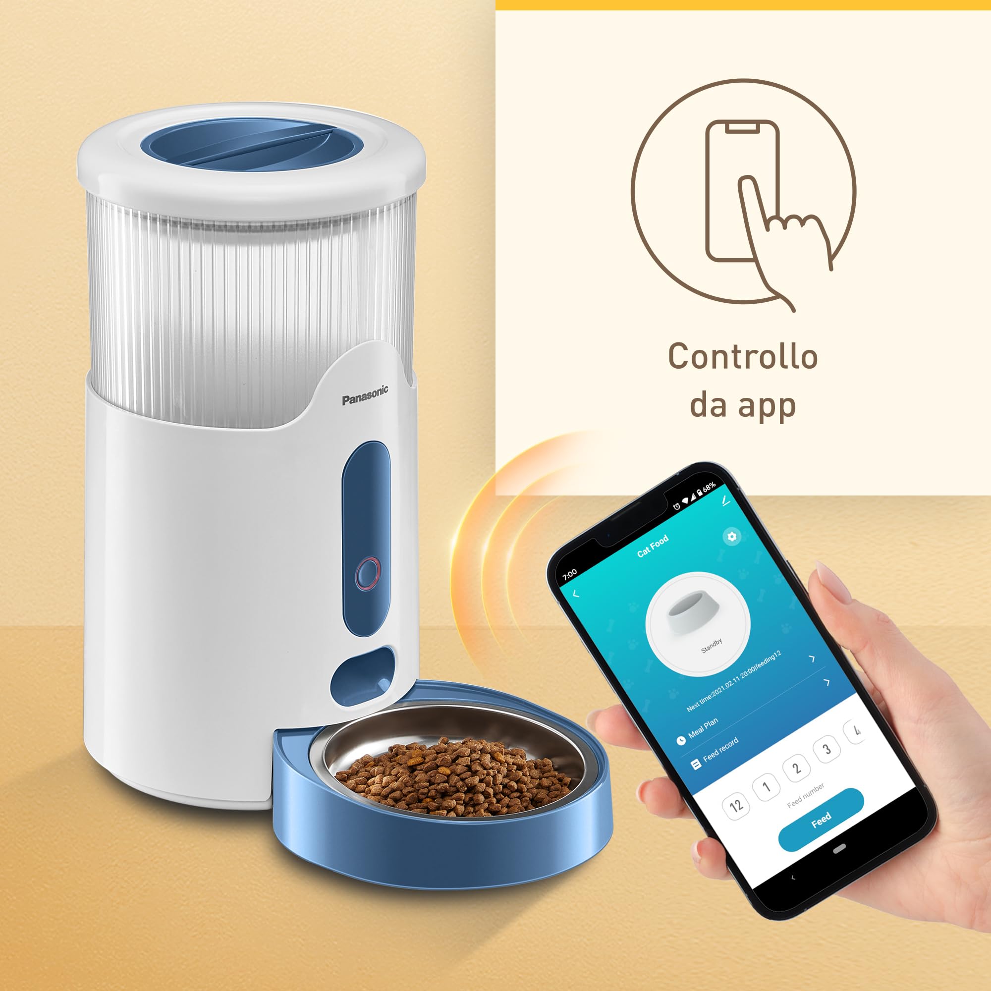 Panasonic CP-JNF01CW Distributore Automatico di Cibo per Animali, Distributore Automatico per Gatti e Cani di Taglia Medio-Piccola, Capacità 2,8L, App da Remoto, Monitoraggio Livello Cibo,Wi-Fi,Bianco