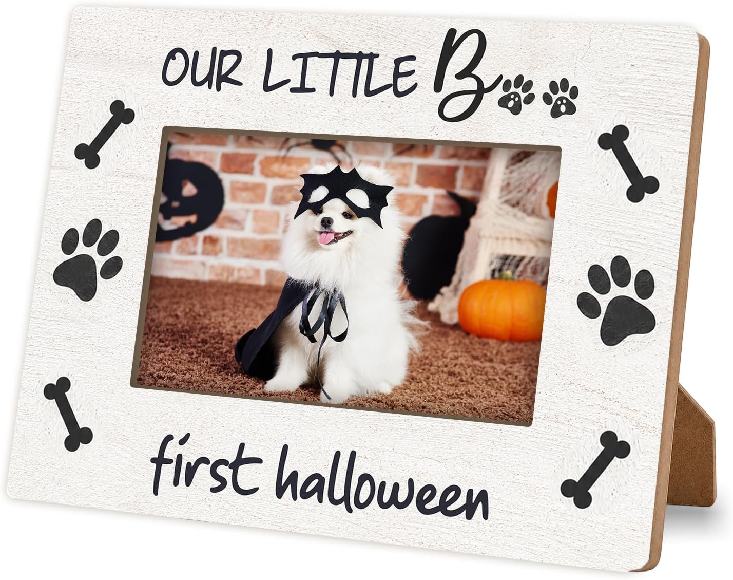 Our Little Boo First Halloween Wooden Photo Frame for 4x6 Picture, Pet First Halloween Picture Frame for Dogs and Cats, Puppy & Kitten Halloween Keepsake, Farmhouse Halloween Decor Gift - B01