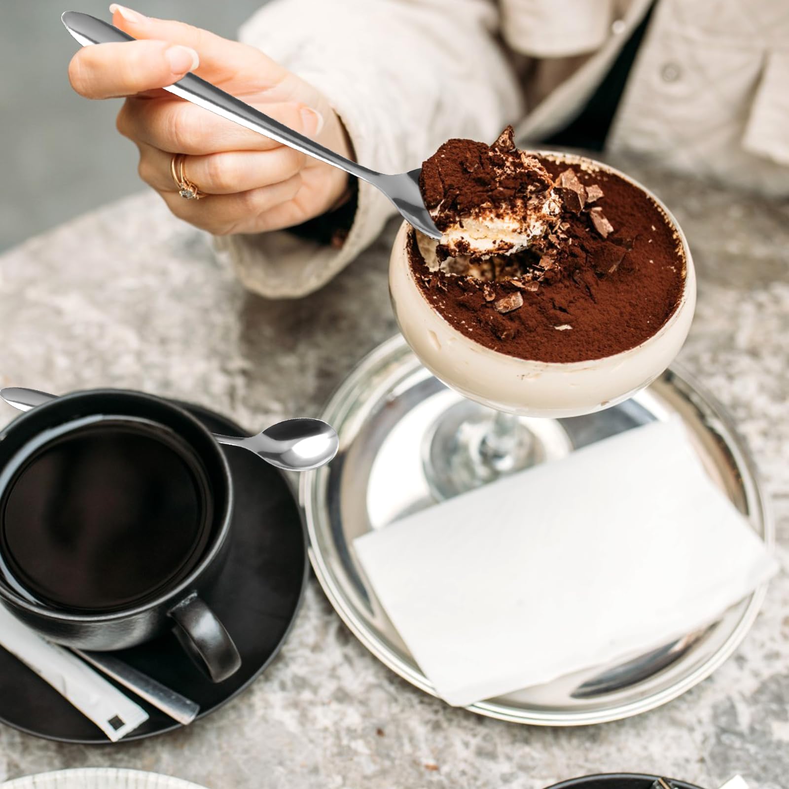 Set di 24 cucchiaini da tè, cucchiaini da caffè in acciaio inox con bordo rotondo, cucchiaini da tè, cucchiai, posate per tè, caffè, torte, dessert e insalata, uso per casa, cucina, ristorante