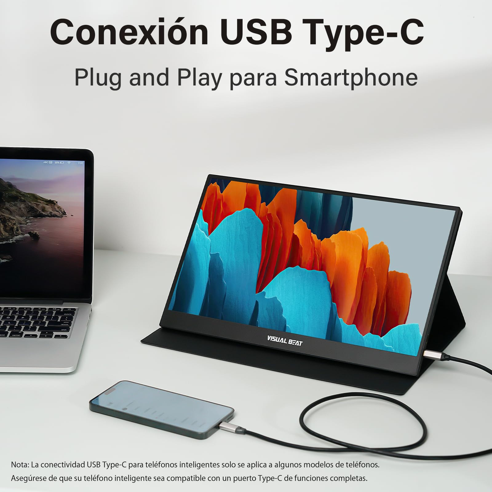 Visual Beat Monitor Portátil 15,6" Full HD 1080P, IPS 100% sRGB, USB-C y HDMI, Funda Soporte, VESA, para Portátil, PC, Mac, PS5, Xbox y Switch