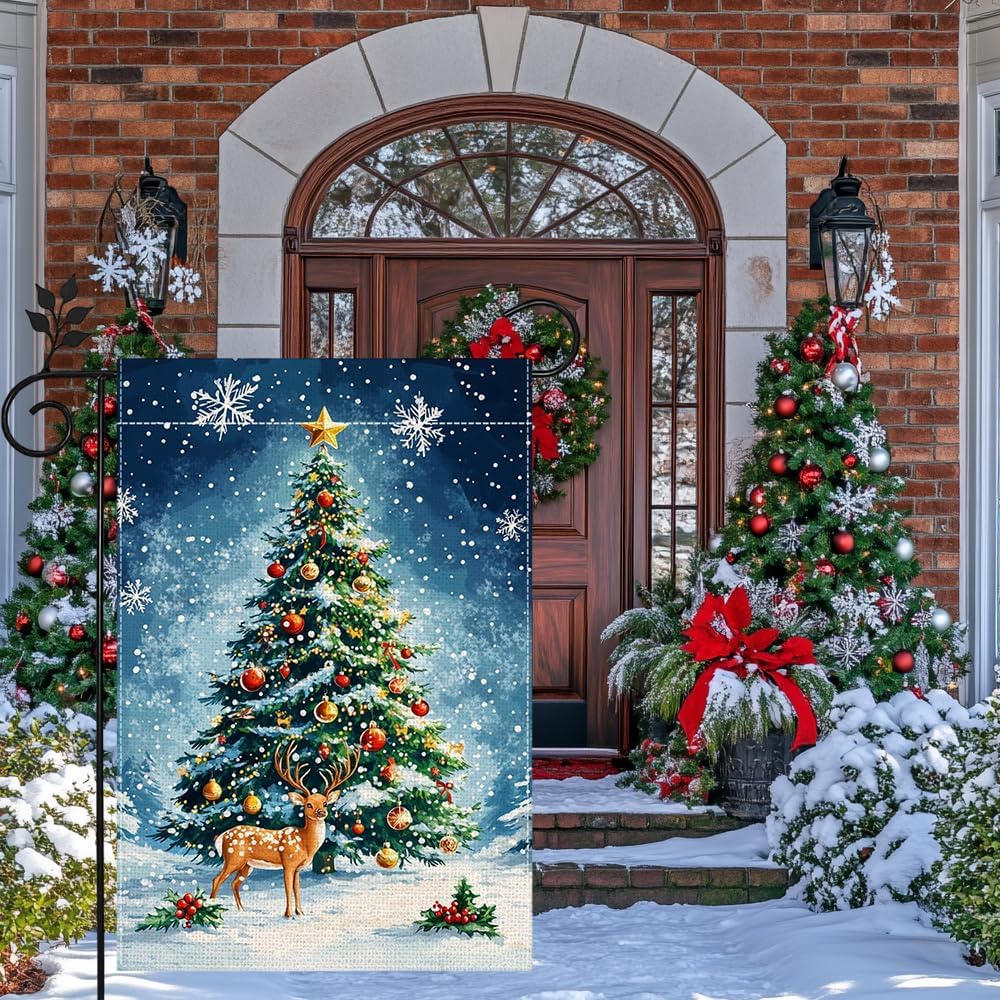 Winter Reindeer Snowflake Garden Flag for Outside Christmas Tree Welcome Yard Flag 12x18 Inch Double Sided Burlap Holiday Farmhouse Home Decoration Outdoor Flag - Image 2