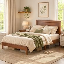 Wood Bed Frames with Headboard, Mid Century Bed Frame with Solid Wood Legs & Wooden Slat Support, Mattress Foundation Bed Base, No Box Spring Needed, Walnut, Full