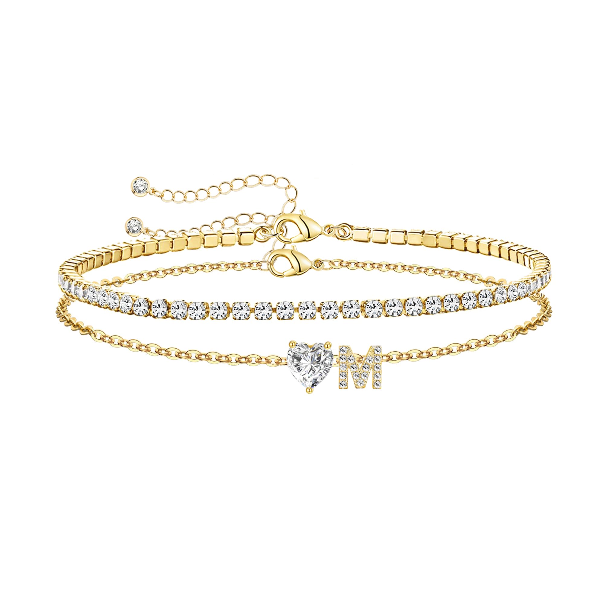 ABDOT Gold Bracelets for Women Trendy Dainty 14K Gold Plated Layered Initial Tennis Bracelets for Women Non Tarnish A-Z Heart Letter Charm Gifts for
