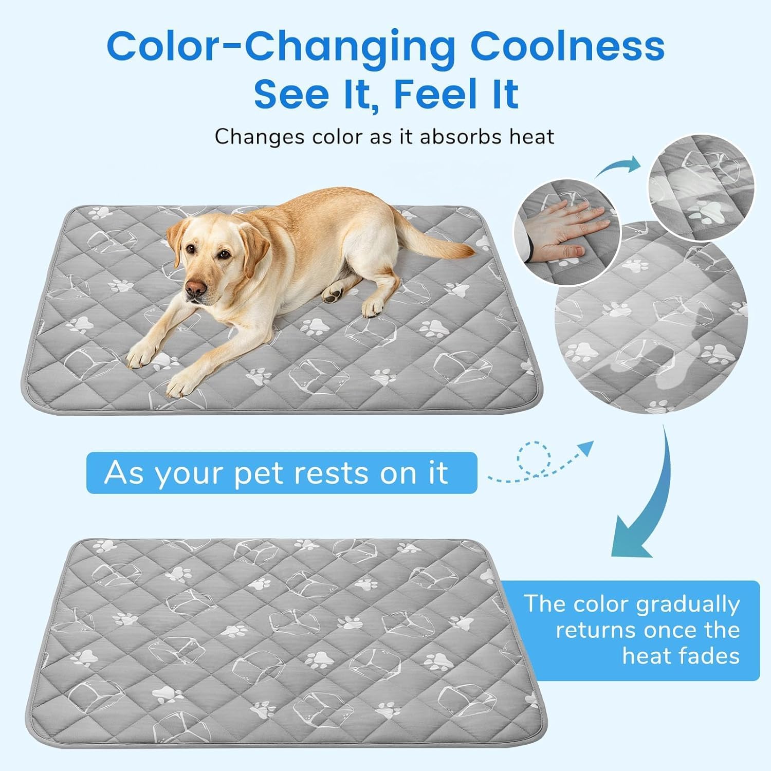 BINGPET Dog Cooling Mat for Large Dogs, 46.5"x27.6" Upgraded Thickened Cooling Pad Endothermic Color Changing, Portable Washable Non-Slip Pet Bed Crate Cooling Pad for Summer & Indoor Outdoor