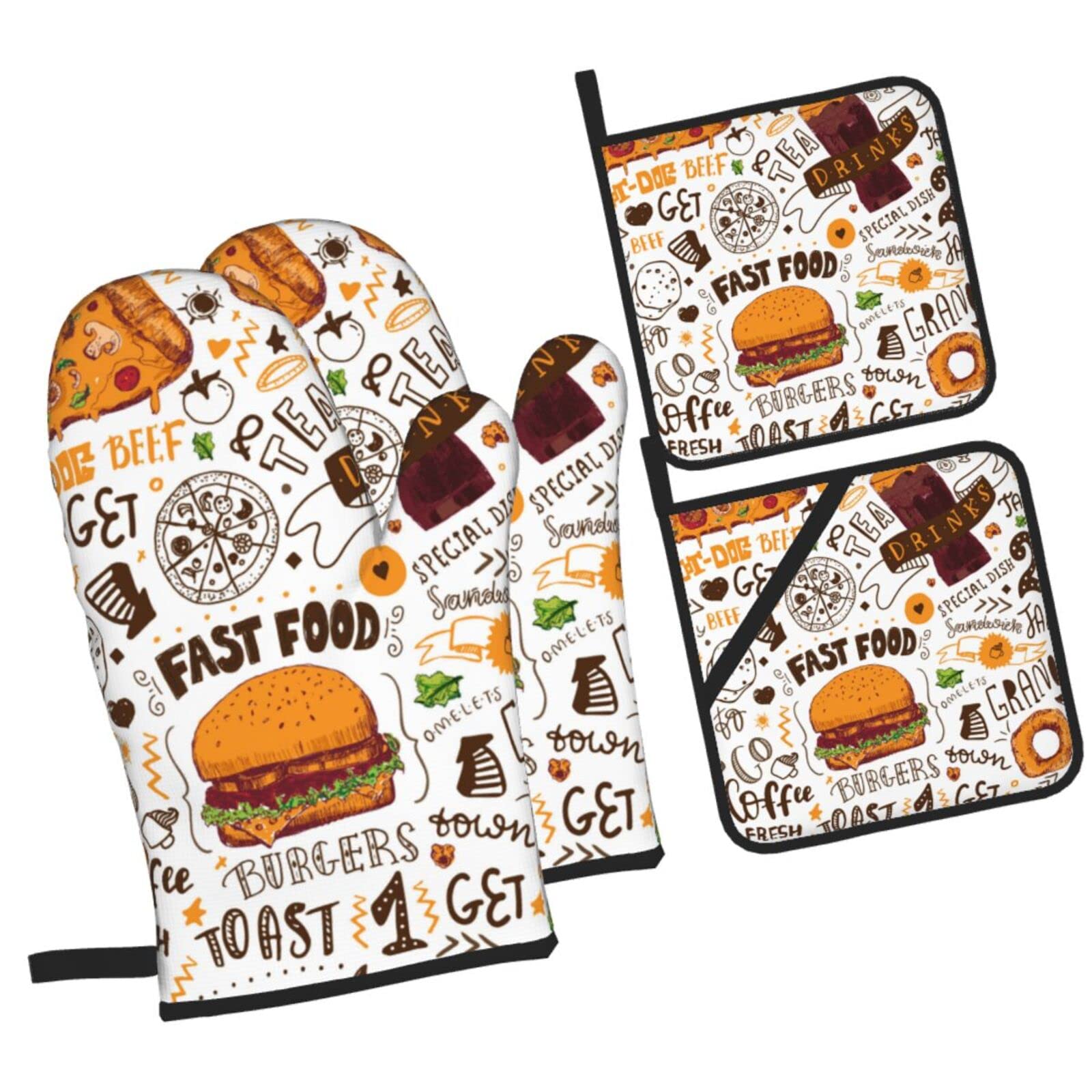 Fast Food Seamless Doodle Style Oven Mitts and Pot Holders Sets, Christmas Oven Mitt Kitchen Heat Resistant Non-Slip Pot Holders Set for Cooking Baking BBQ