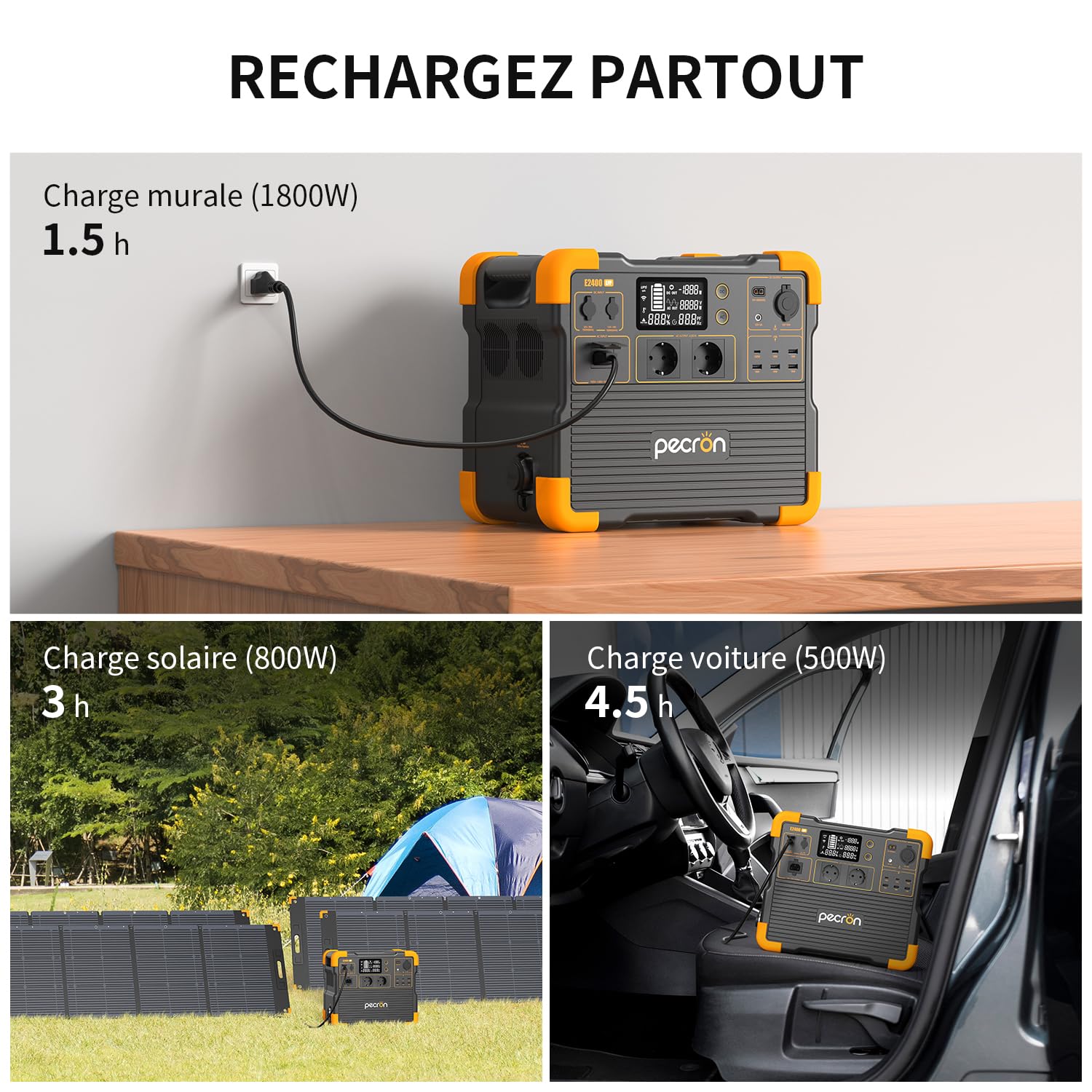 Station d’énergie portable PECRON E2400LFP – 2 048 Wh LiFePO4 (extensible à 8 192 Wh), 2 400 W de puissance continue, charge ultrarapide en 1,5 h, idéale pour secours électrique, camping et vanlife.