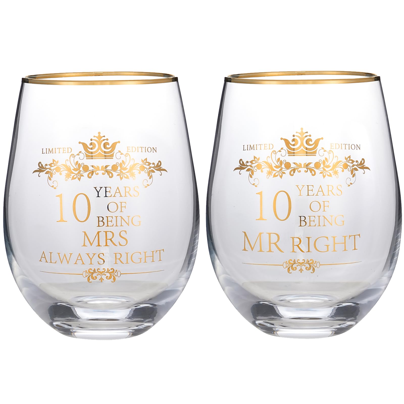 COFOZA Set of 2 10th Years Wedding Anniversary 15 Ounces Wine Glass Tumblers 10 Years Mr Right Mrs Always Right Anniversary Cups Present for Couples Parents Gifts