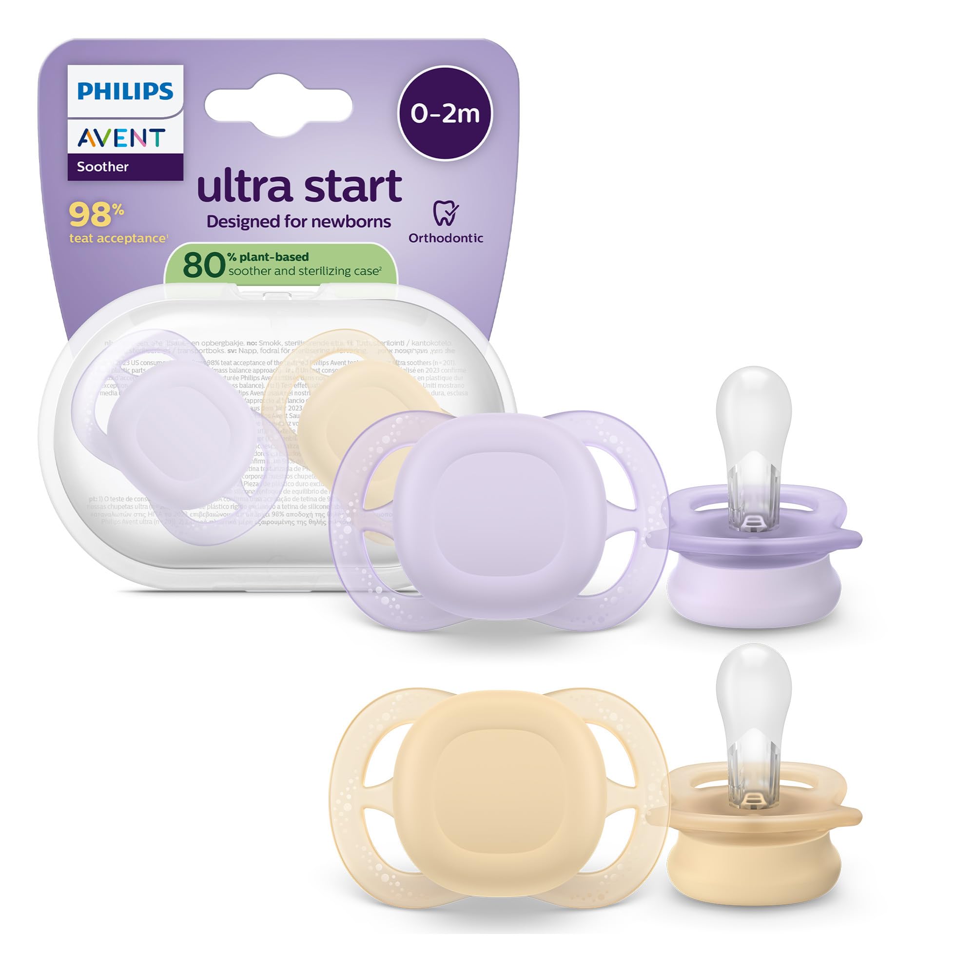 Philips Avent ultra start Schnuller – kiefergerecht geformtes Design, für Neugeborene, weicher, symmetrischer Silikonsauger, BPA-frei, mit Sterilisationsbehälter, 2er-Pack, SCF075/13