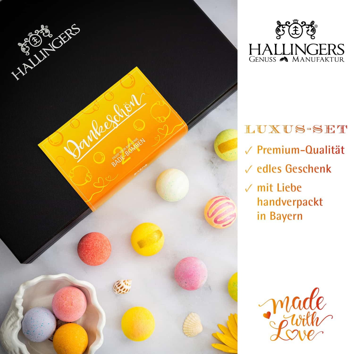 Hallingers Genuss Manufaktur Badebomben Dankeschön-Geschenk-Set - 24x Badekugeln Bath Bombs, edle Geschenkbox, Frauen Badeperlen-Wellness & Spa ""Dankeschön"", Geschenkidee für Frauen Männer