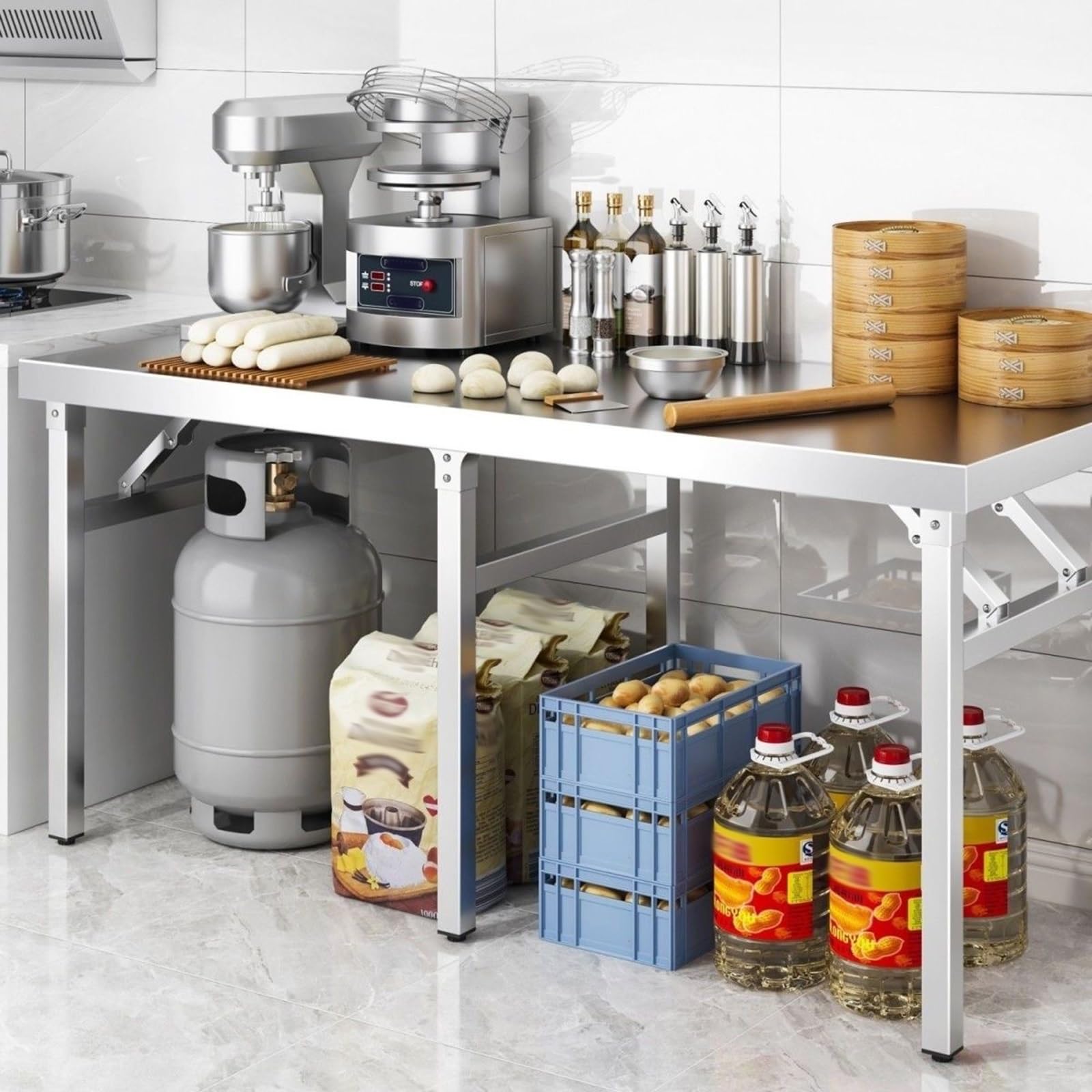 Tavolo da lavoro pieghevole in acciaio inox, tavolo pieghevole per cucina, ristorante, all'aperto, lavanderia, grill, stazione di preparazione degli alimenti, sala di manutenzione