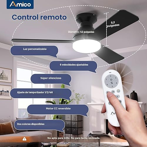 Miniatura 2 de Ventiladores de techo Amico con luces, ventilador de techo de perfil bajo de 42 pulgadas con luz y control remoto, montaje empotrado, reversible
