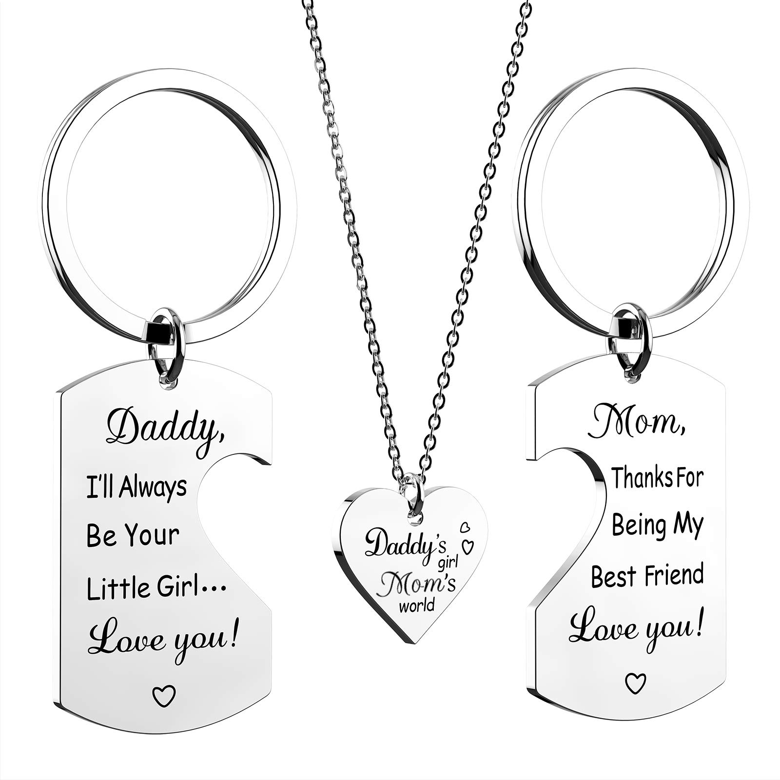 Family Love Necklace & Keychain Gift for Dad Mom and Daughter - Daddy's Girl Heart Pendant for Girl,Birthday Father's Day Keepsake for Parents Childen Kids.