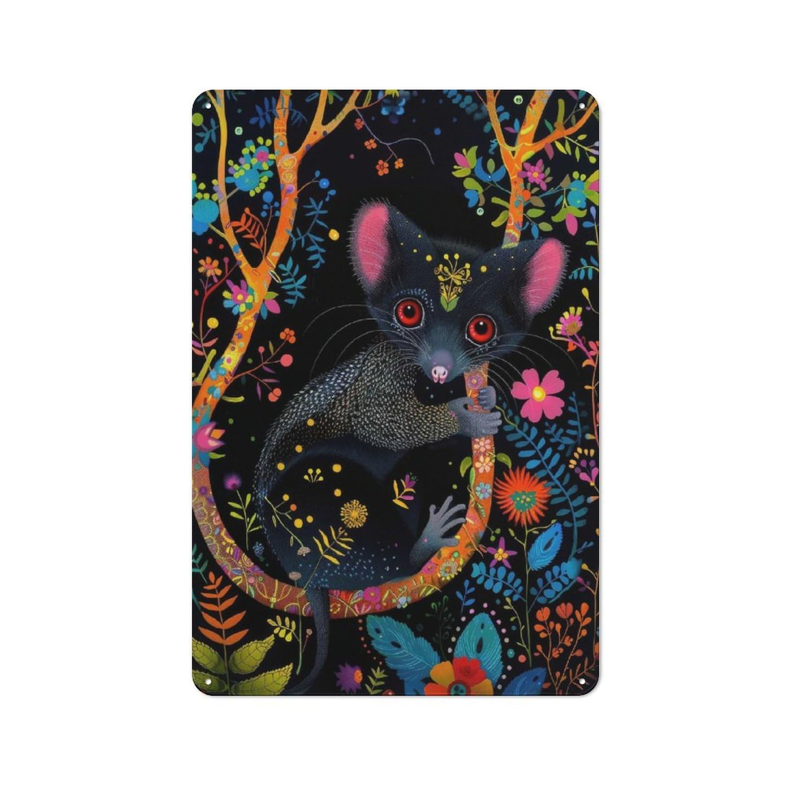 Junmoney Style Workshop Black Possum In Neon Floral Garden Tin Sign 30X20cm, Workshop Wall Decor For Tool Room, Garage, Studio Or Home Bar