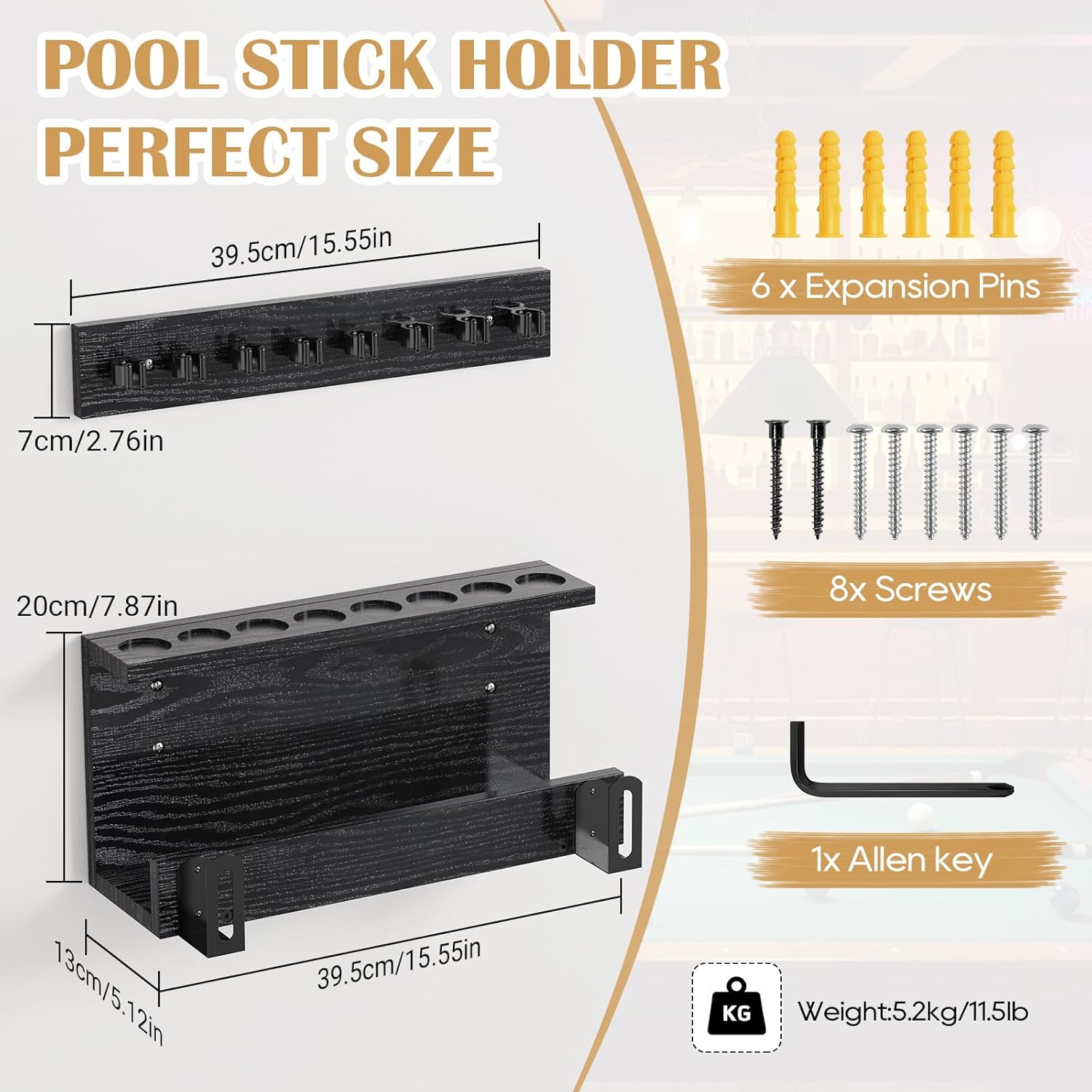 Large Pool Stick Holder Wall Mount, Pool Cue Set Holder for 8 Cues Sticks Storage Pool Table Accessories Equipment Organizer, Cue Rack Billiards Accessories for Game Room Bars Clubs Billiard Players