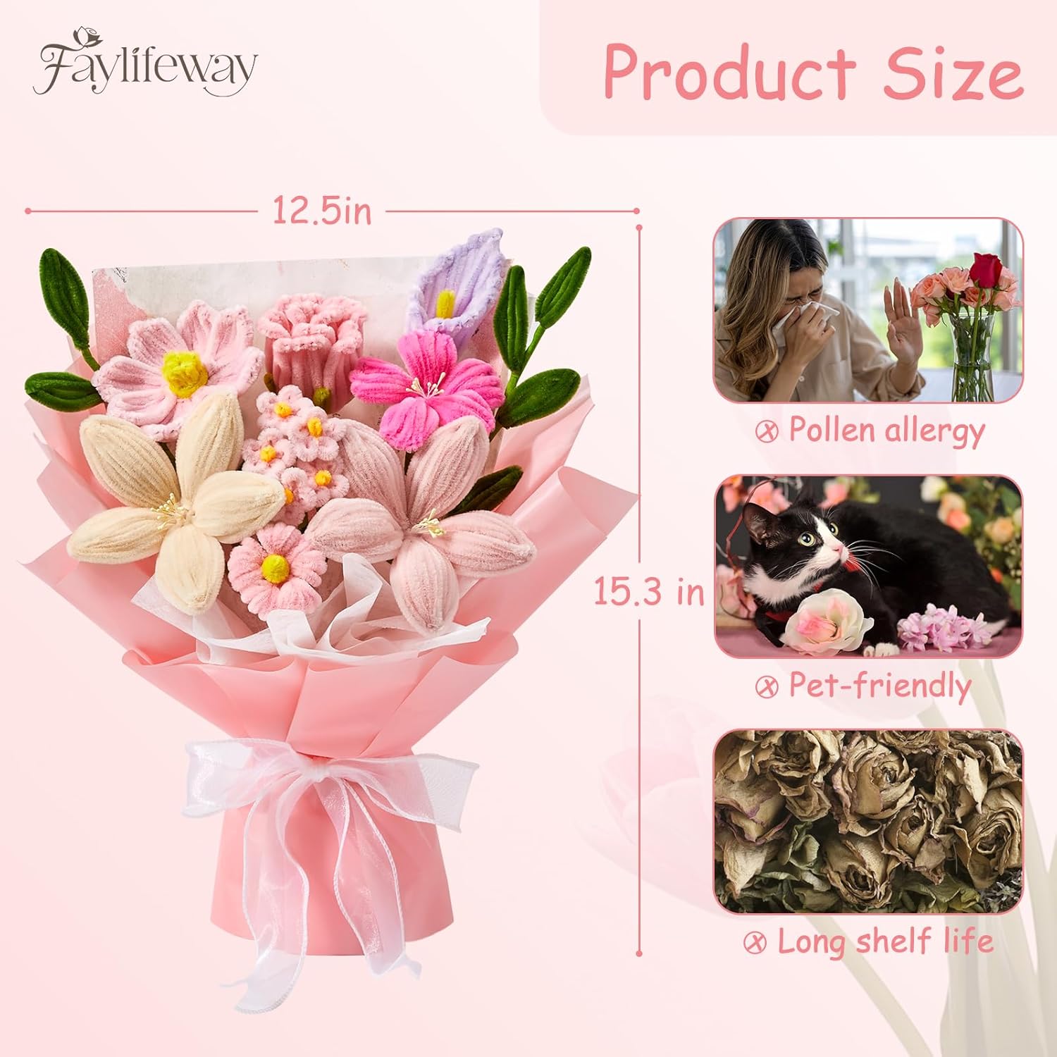 Crochet Flower Bouquet, Pink Pipe Cleaner Flowers,Handmade Knitted Flowers Gift for Women Valentine's Day,Mother's Day,Birthday, Anniversary(Include Card) - Image 7