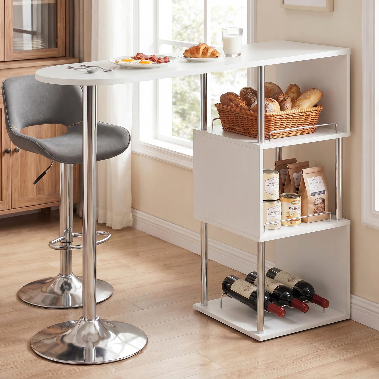 WOLTU S-förmiger Bartisch mit Stauraum, Stehtisch mit Weinregale, Bistrotisch aus Metall & Holz, Bartheke Tresentisch für Küche Bar Wohnzimmer, 113 x 40 x 105cm, Weiß