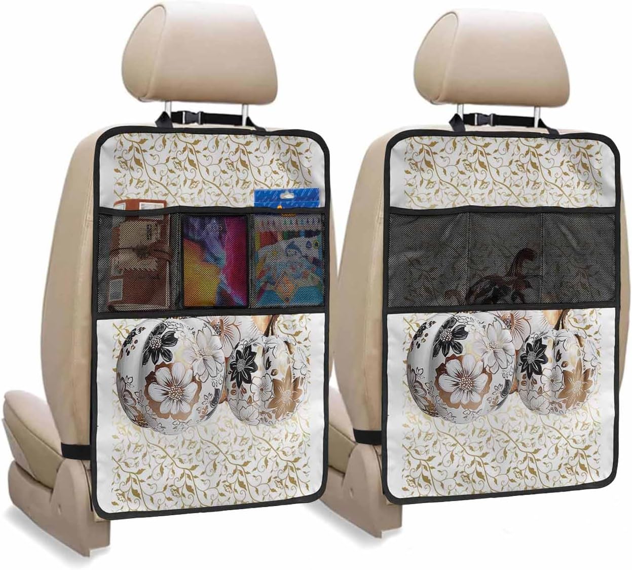 Car Seat Protector, 2 Pack Kick Mats Back Seat Protector Fall Thanksgiving Pumpkin Black Floral Botanical Leaves Waterproof Backseat Cover for Kids Universal Fit Automotive Interior Protectors