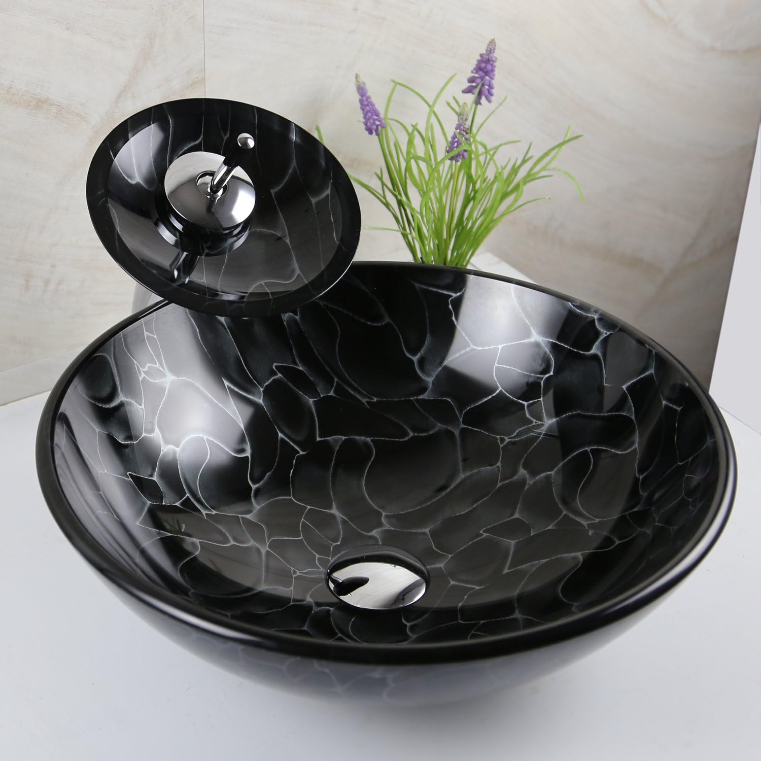Black Painting Vessel Sinks Tempered Glass with Waterfall Faucet and Chrome Pop-up Drain Bathroom Vessel Sink Set