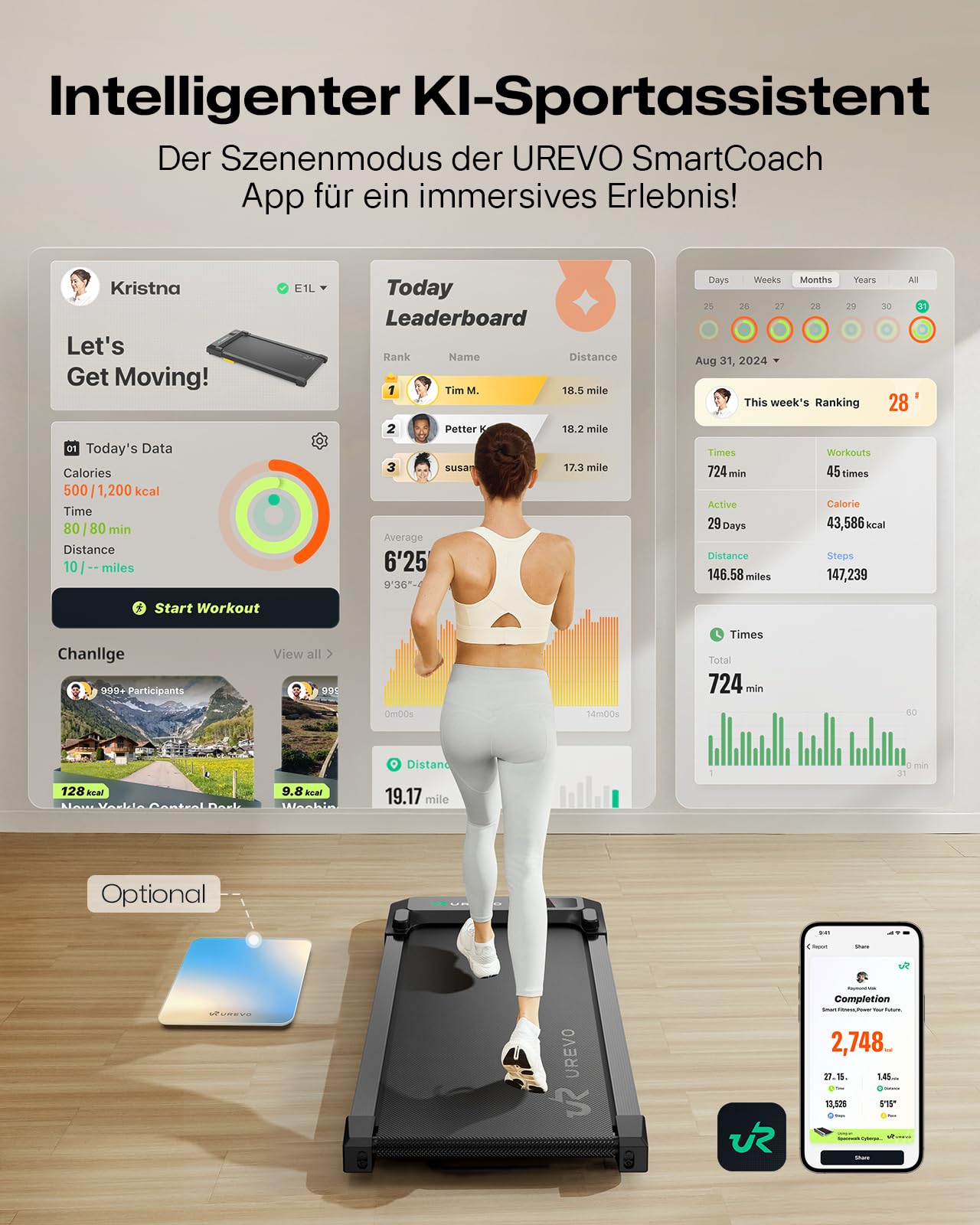 UREVO Smart Walking Pad, kompaktes Laufband unter Schreibtisch | Doppelter Stoßdämpfung, Workout-App mit Track Insights und MIIT-Modus, Fernbedienung oder App-Steuerung für das Home Office