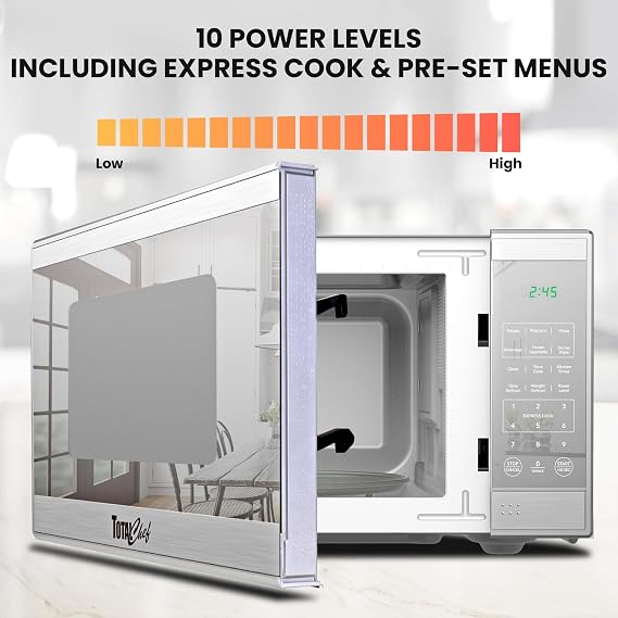 Total Chef 0.7 Cu Ft Microwave Oven - Countertop Small Kitchen Appliance, Stainless Steel Microwave with Digital Touch, Pre-Set Functions, 10 Turntable, 700 Watt