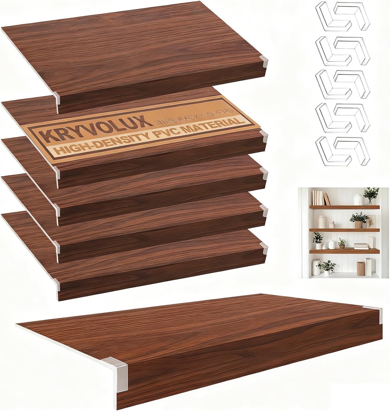 5 Pcs Wire Rack Covers 35x16x3 inch PVC Pantry Shelf Cover 0.31 inch Thick Removable Closet Wire Rack Shelf Covers,Decoration Kitchen Bathroom Office Shelving(Walnut Color,35x16x3 inch)