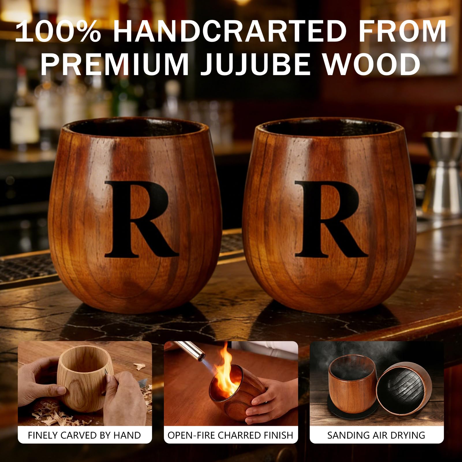 Set Bicchieri Da Whisky in Legno Carbonizzato, Bicchiere Borbone Personalizzato, Bicchiere Da Whisky Isolato, Regali Perfetti Per Uomini Marito, Papà, Amanti Del Whisky, Compleanno (R,300ml)
