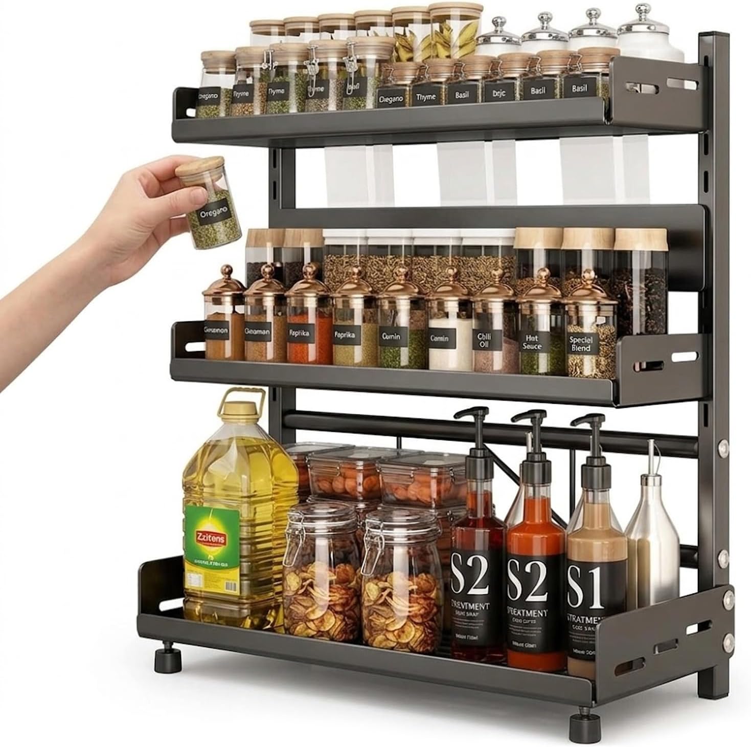 VORA Spice Rack for Countertop, 3-Tier Spice Rack Organizer, Black Metal Counter Storage Shelf, Adjustable Height, Standing Large Seasoning Storage Shelf, Detachable Design (3 Tier)