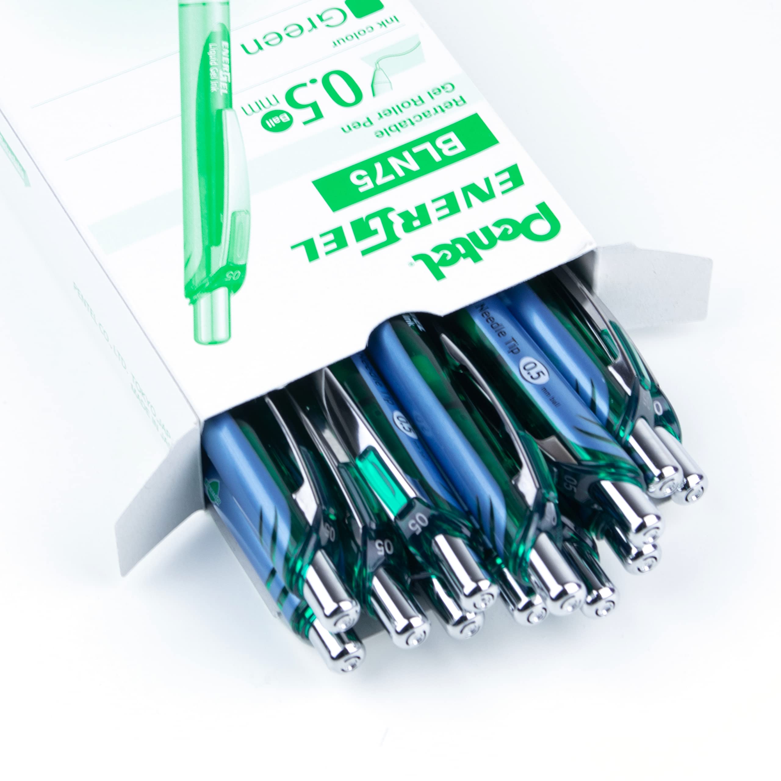 Pentel EnerGel Deluxe RTX BLN75-D - Penna gel liquido retrattile, tratto fine, punta ad ago, inchiostro verde, confezione da 12