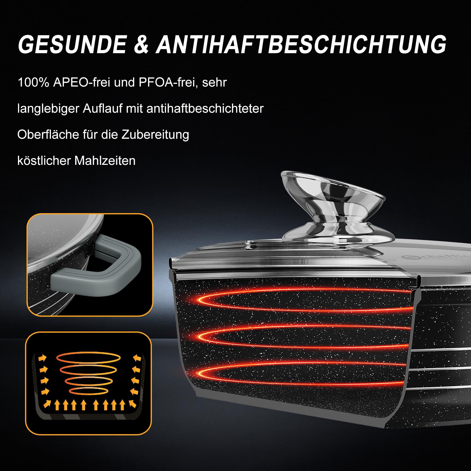 Scheffler Sartén para servir de inducción, 24 x 7 cm, de aluminio fundido, sartén con revestimiento antiadherente de mármol, tapa de cristal, mango de silicona