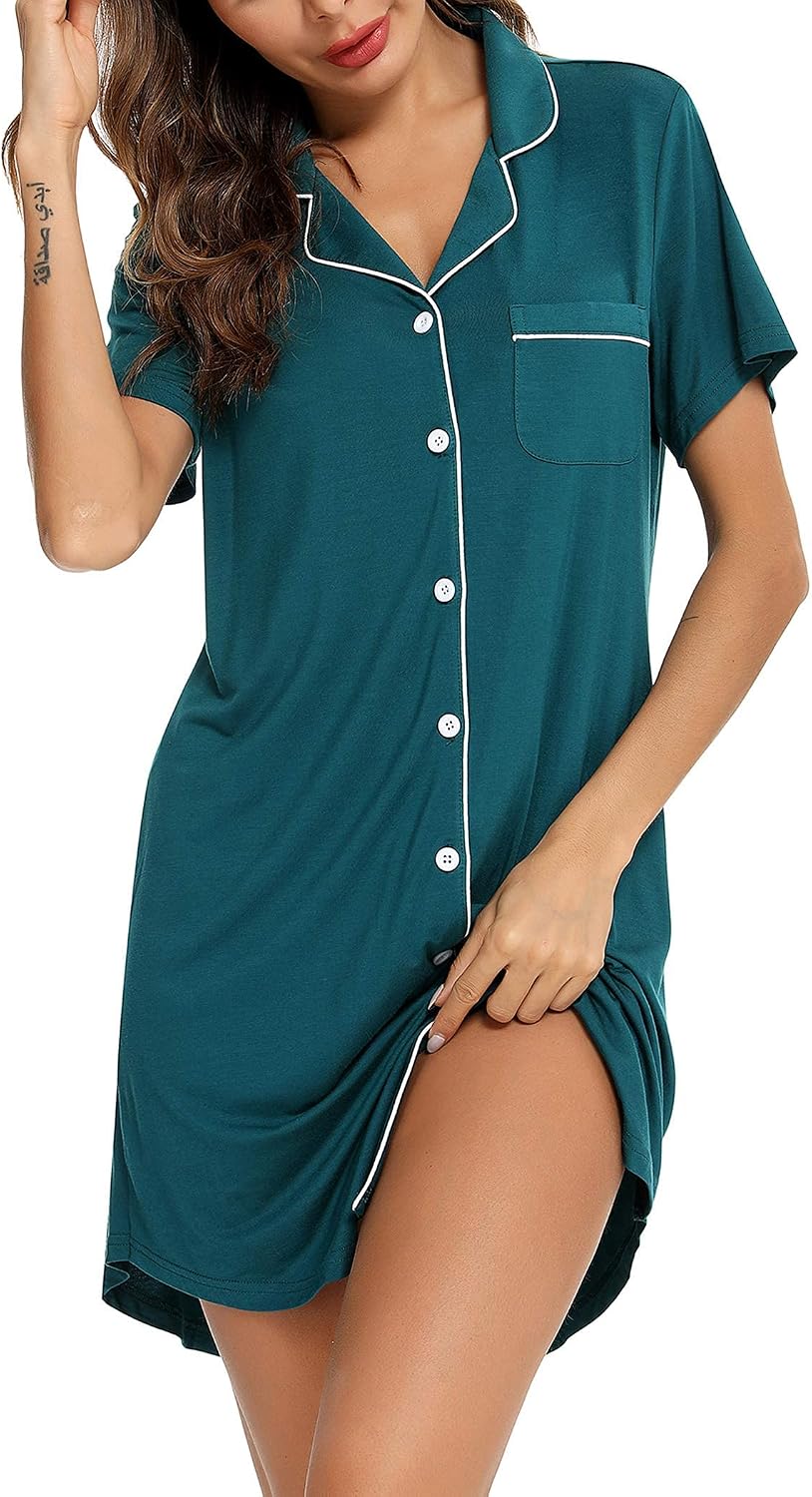 Anjue Pajama Nightgowns for Women Button Down Pajamas Tops Short/Long Sleeve Sleepwear Sleep Shirts Nightdress S-XXL