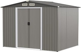 Goplus Outdoor Storage Shed, 8.5’ x 6.8’ x 6’ Weather-Resistant Utility Tool Organizer w/Foundation, 4 Louvers, Double Doors & Ramp, Galvanized Steel Tool Shed for Garden, Lawn, Yard