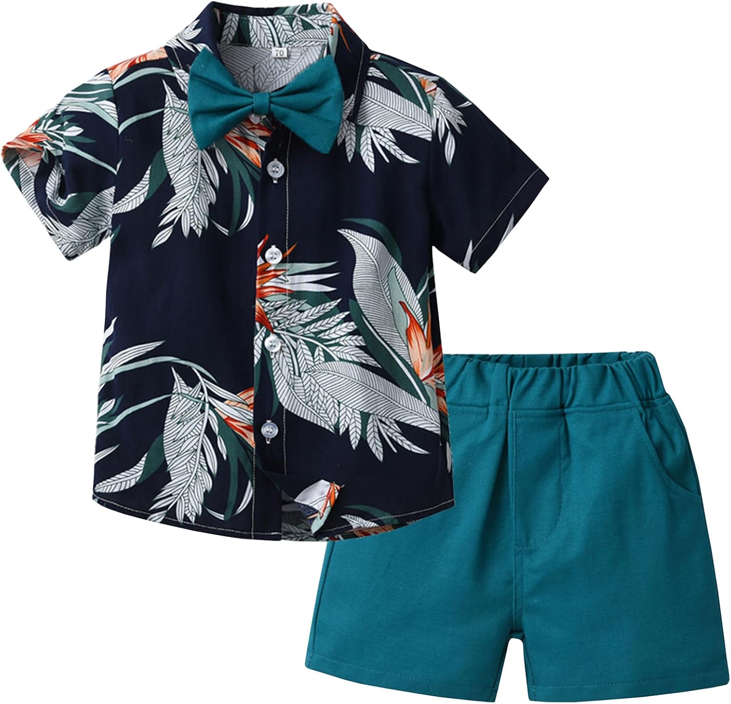 TiaoBug Completino Bambino Estivo Cotone Coordinati Neonato Completo Gentiluomo Camicia Hawaiana Manica Corta con Papillon Pantaloncini Abito Mare Spiaggia 1-6 Anni Teal 12-18 mesi