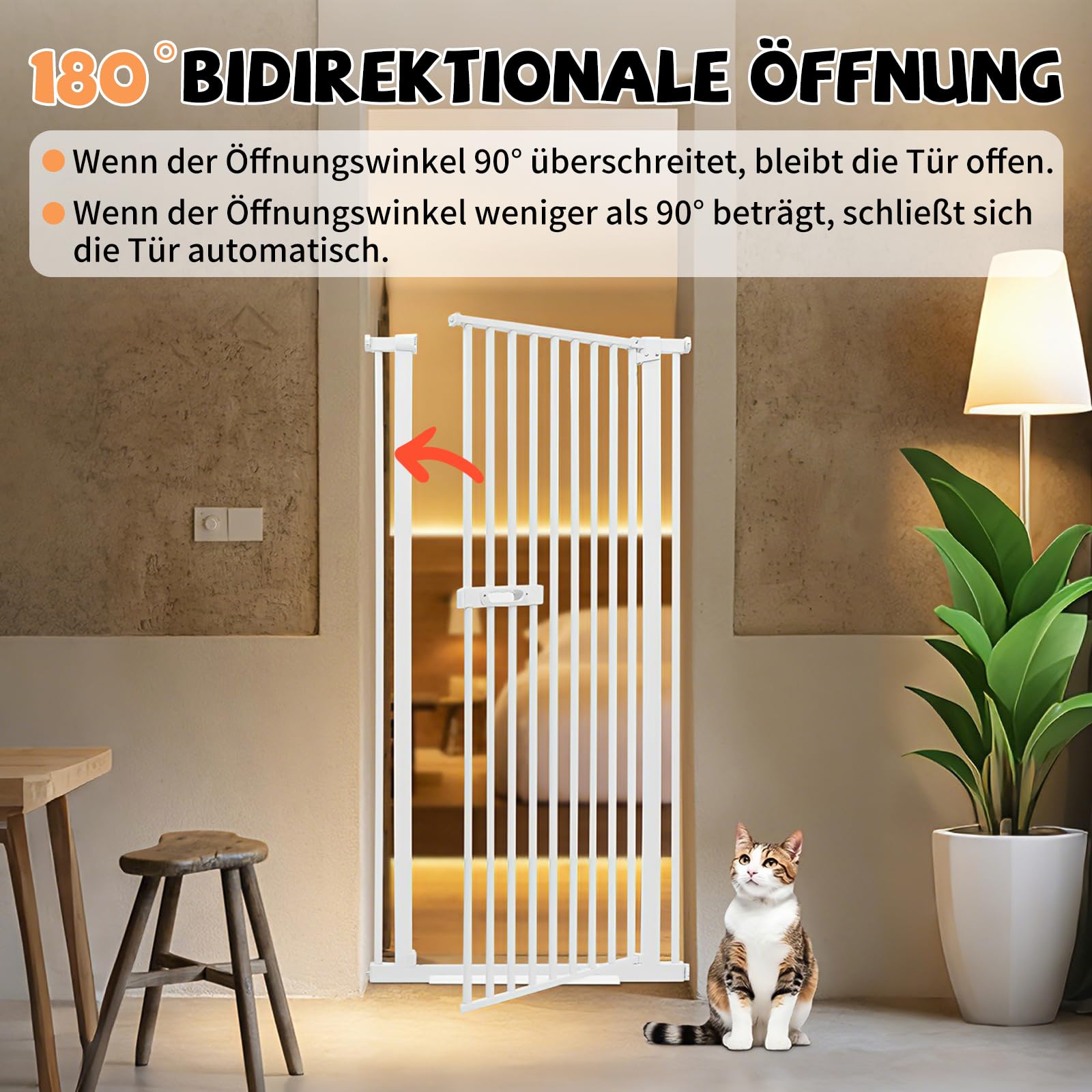 Schutzgitter für Haustiere Extra Hoch, Haustiergitter Extra Hoch mit Doppelverriegelung, 180° Türöffnung, Automatische Türschließung, Ohne Bohren (Weiß)