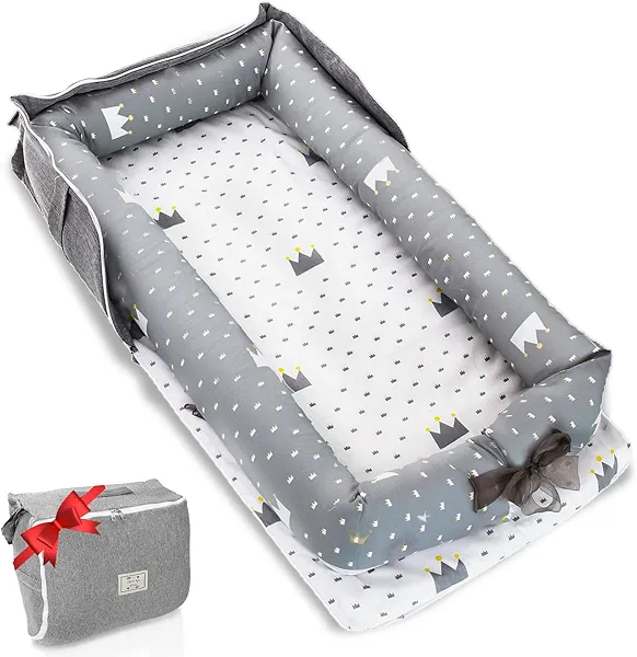 Baby Lounger for Newborn to Toddler 0-24 Months - Portable Infant Lounger with Breathable Cotton, Adjustable Size & Lengthen Space Travel Strap for Home, Outdoor (1. Crown)