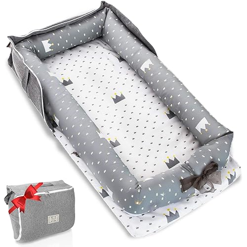 Baby Lounger for Newborn to Toddler 0-24 Months - Portable Infant Lounger with Breathable Cotton, Adjustable Size & Lengthen Space Travel Strap for Home, Outdoor (1. Crown)