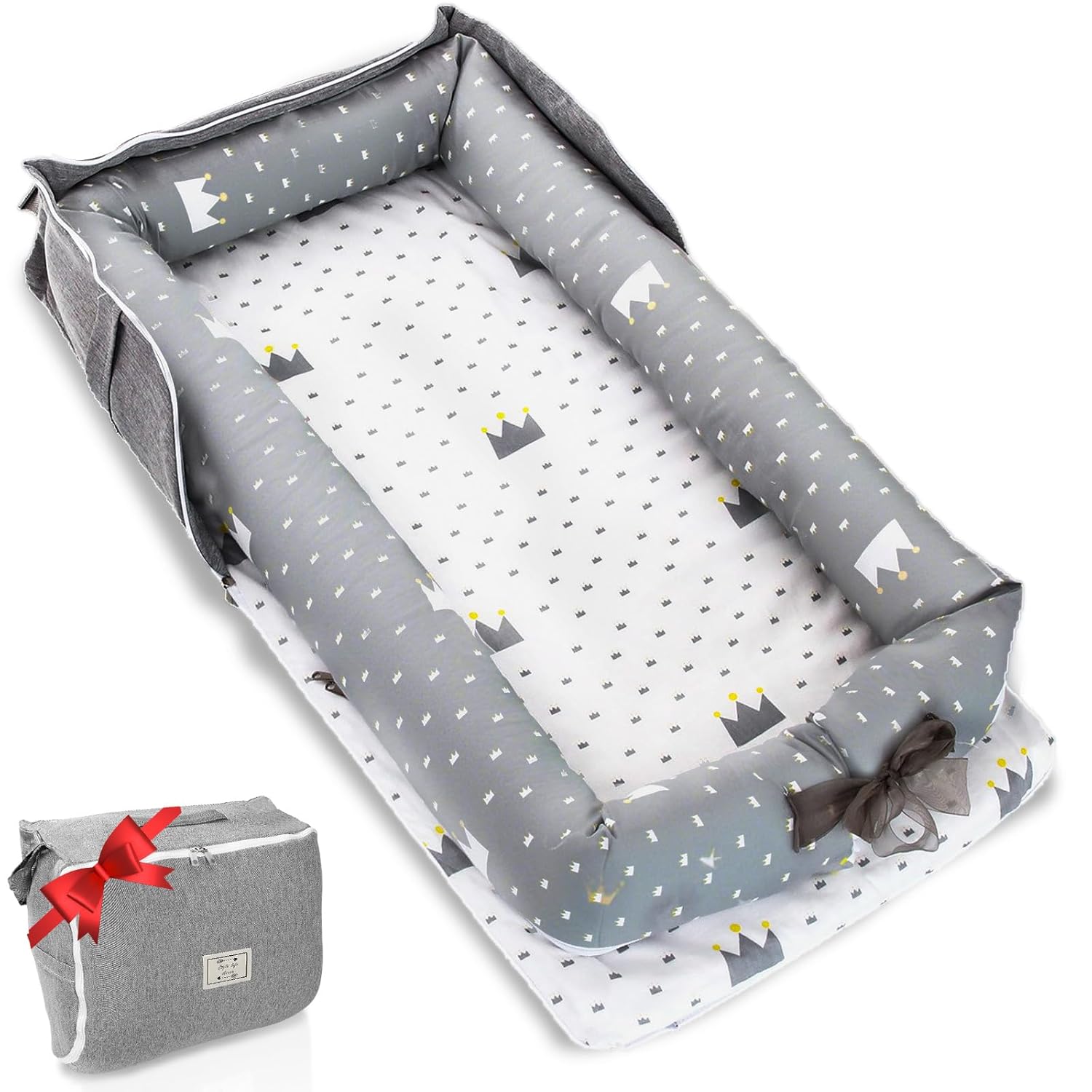 Baby Lounger for Newborn to Toddler 0-24 Months - Portable Infant Lounger with Breathable Cotton, Adjustable Size & Lengthen Space Travel Strap for Home, Outdoor (1. Crown)