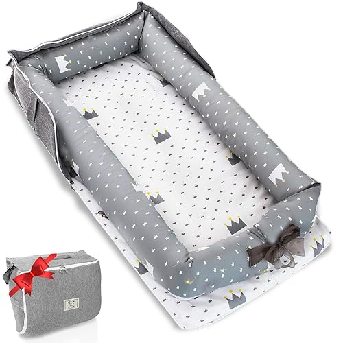 Tumbona para bebés de recién nacidos a niños pequeños de 0 a 24 meses, tumbona portátil con algodón transpirable, tamaño ajustable y correa de viaje