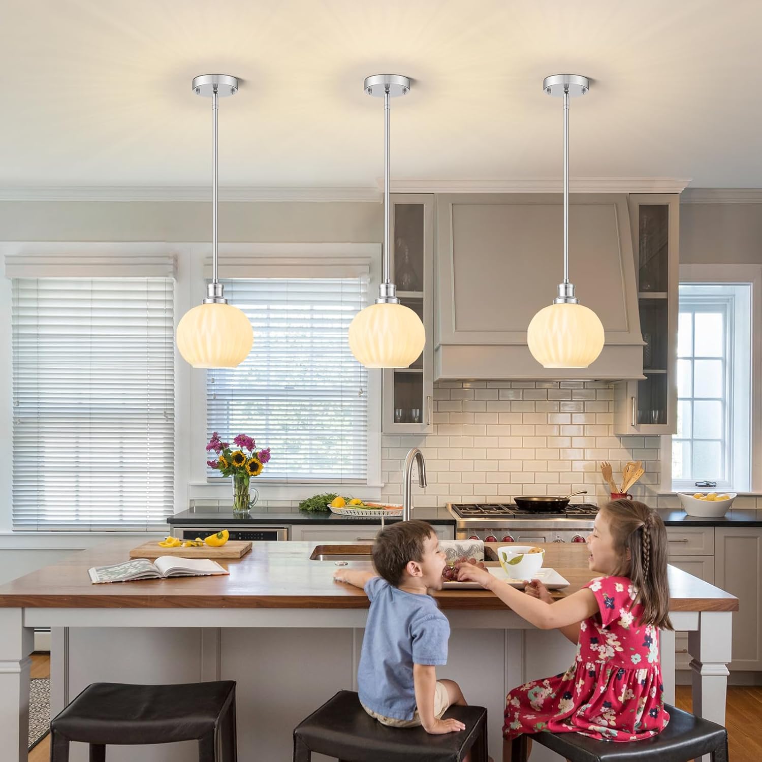 Milk Glass Pendant Lights Kitchen Island, 1-Light 7.1" Brushed Nickel Modern Pendant Light Fixtures with Rods, Globe Hanging Lighting for Kitchen Sink Bathroom Dining Room, E26 Base