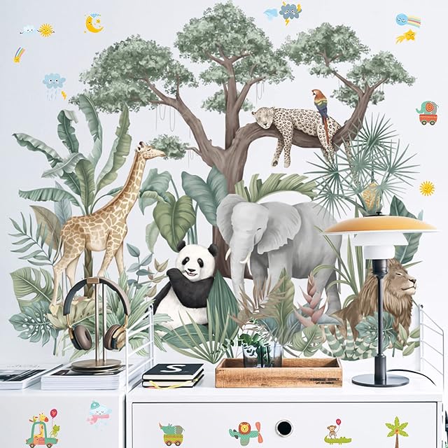 Tropical Rainforest Animals Plants Wall Stickers, Removable Cartoon Elephant Giraffe Nordic Plant Wallpaper Decor, Peel and Stick Art Murals for Kids Bedroom Background Nursery Home Decorations (C)