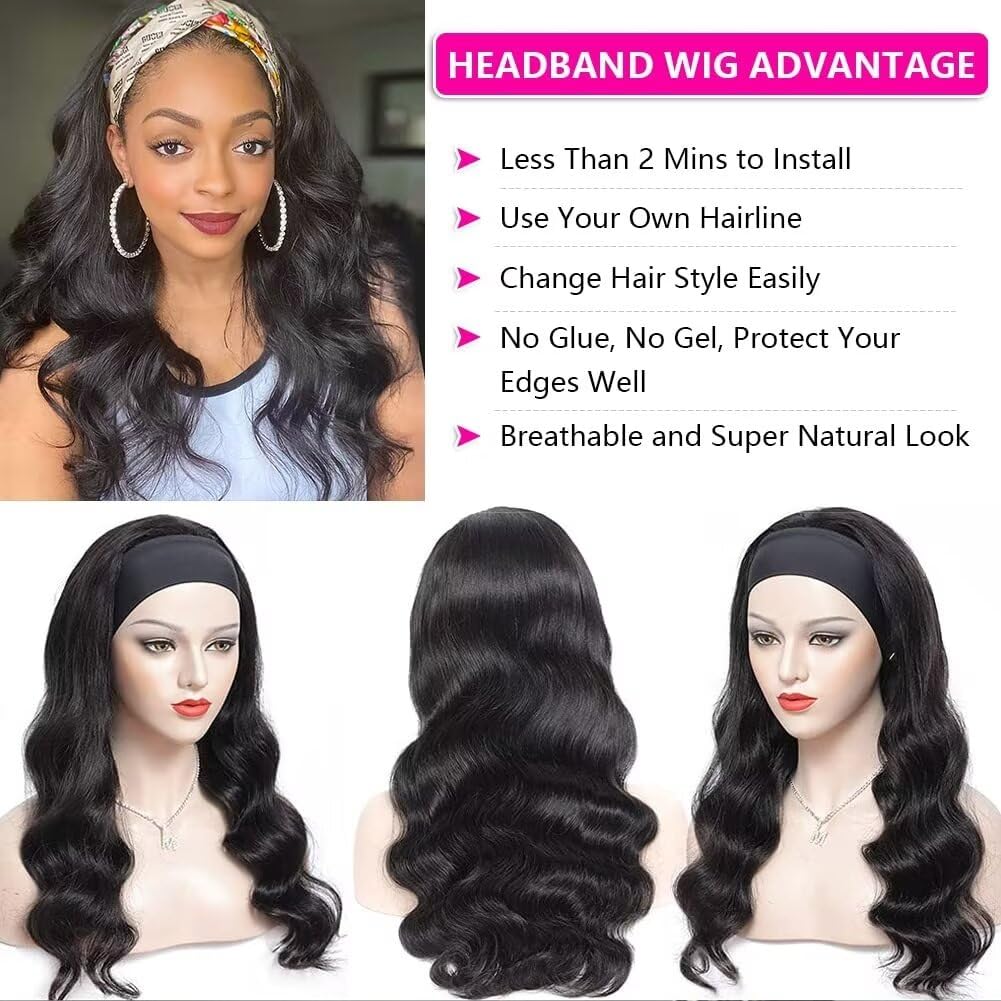 Perücke Mit Stirnband Echthaar Schwarz 22 Zoll Headband Wig Human Hair Body Wave Perücke Damen Echthaar Perücke Wear And Go Glueless Wigs Human Hair Brazilian Virgin Human Hair Wigs For Black Women