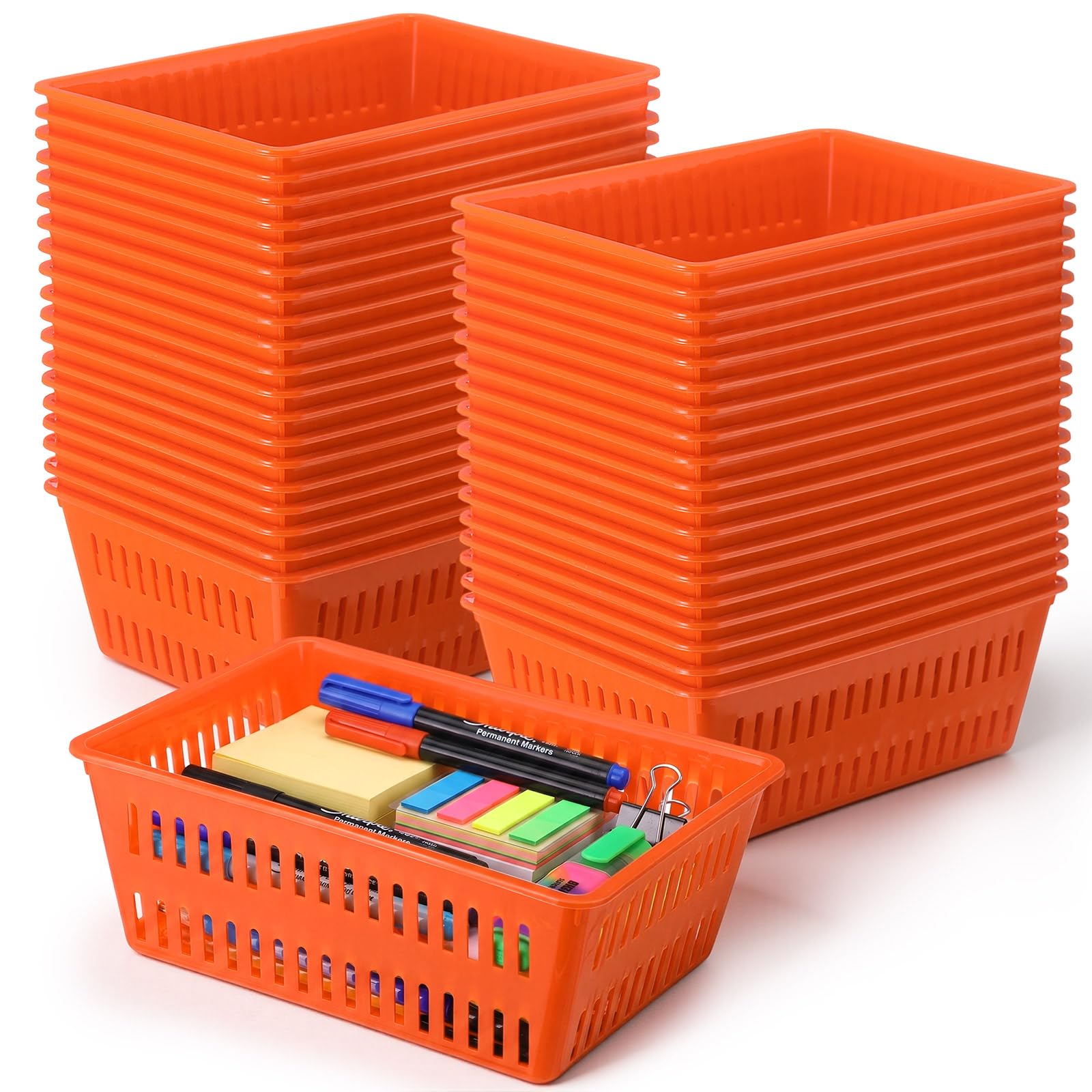 Sherr 36 Pack Classroom Storage Basket Small Plastic Basket for Organizing Crayon Pencil Container Storage Bin Tray Holder for Paper Shelf Back to School Office Supply 6.1"l x 4.3"w x 2.4"h (Orange)