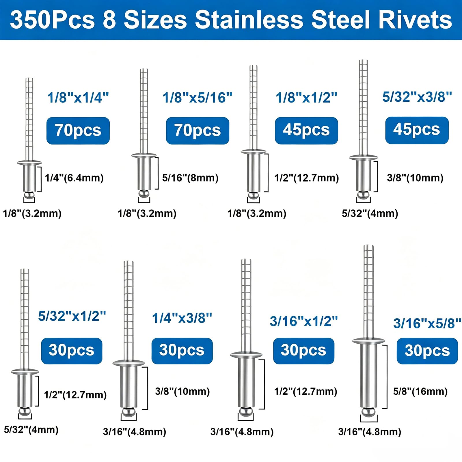 smseace Assortiment de 600 rivets pop en acier inoxydable avec rondelle - 8 tailles de rivets en acier inoxydable (0,6 cm, 1,5 cm, 8,9 cm, 3/16 cm) pour métal, meubles, automobile, instruments