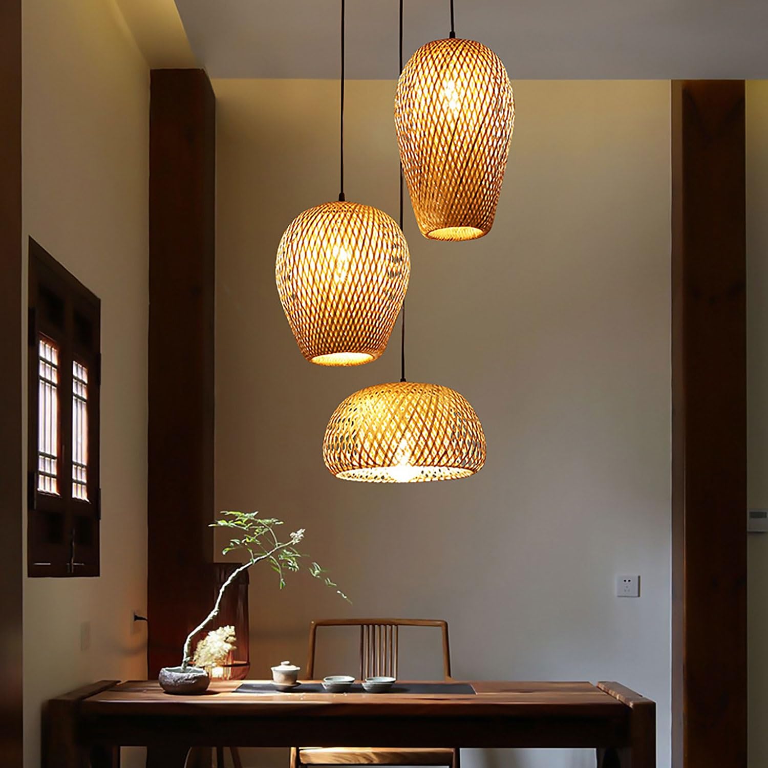 Wisząca Lampa Z Bambusowego Plecionki 3-Światła, Ręcznie Wykonany Żyrandol Konopny Kula, E27 Vintage Industrialna Lampa Wisząca Do Wyspy Kuchennej Jadalni Salonu(Circular disc)