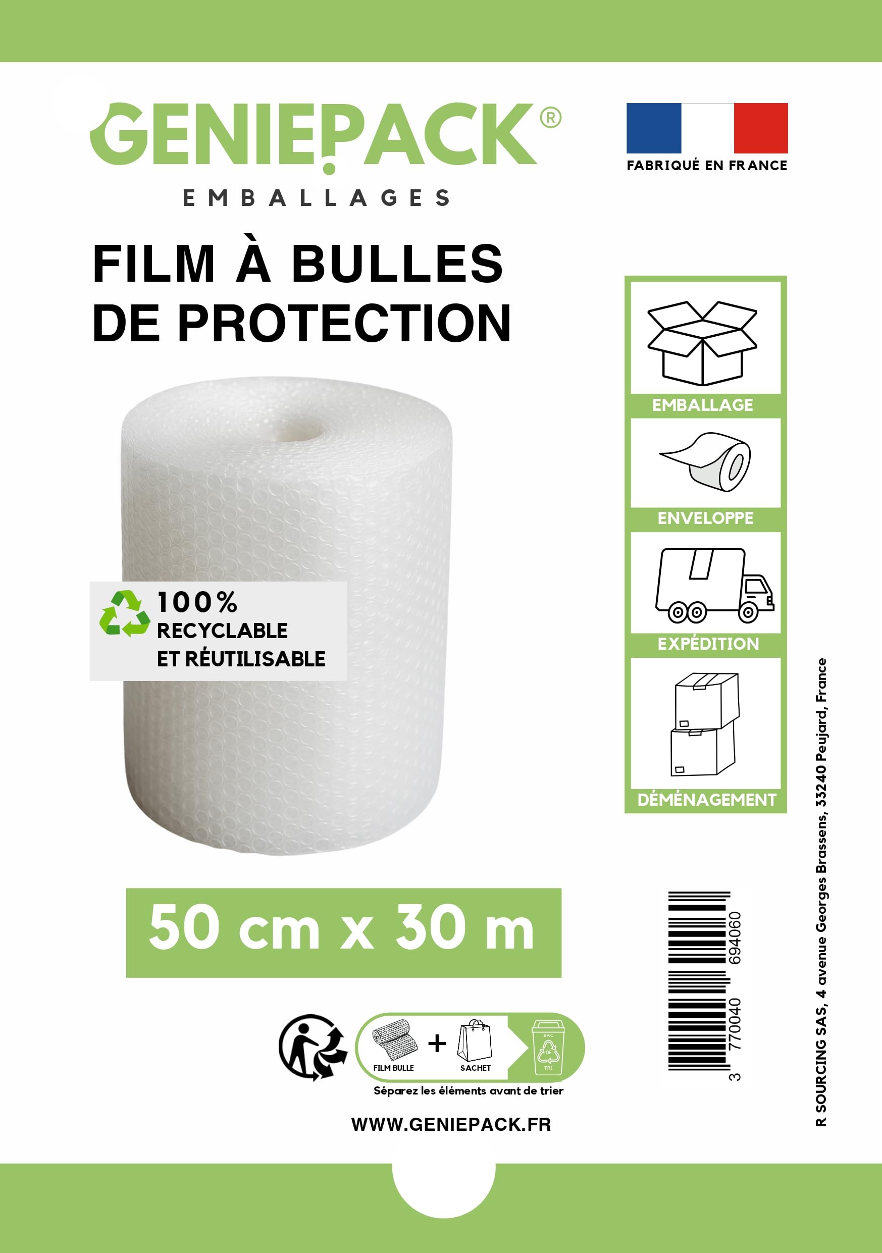 ROULEAU PAPIER BULLE/FILM À BULLES Professionnel 50 cm x 30 m – Fabriqué en FRANCE – 60 Microns – Bulles 10mm – Protection Emballage Colis Déménagement – Antichoc Haute Qualité