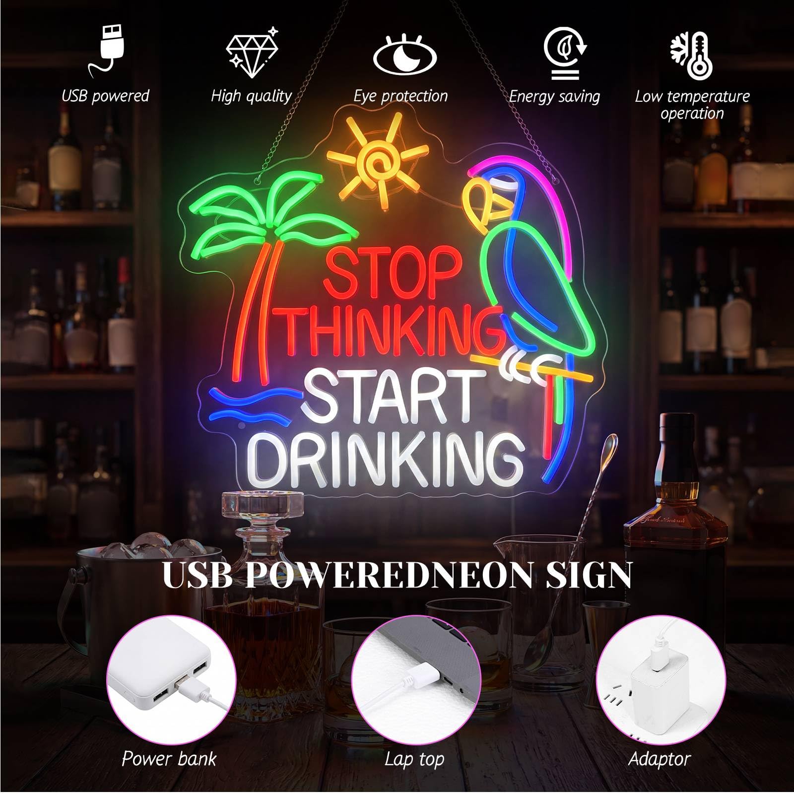 Zhengmy Insegna al neon per decorazione da parete Stop Thinking Start Drinking Bar Decorazione per feste USB Alimentata a batteria Pappagallo Palma Tramonto Lettera dell'alfabeto Lettera LED per la