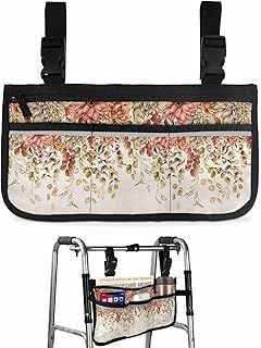 Fall Eucalyptus Leaves Wheelchair Side Bag Walker Bag, Farmhouse Dahlia Harvest Botanical Wheelchair Accessories Armrest Pouch, Organizer Storage Bag for Walkers, Rollators, 7.3'x13'